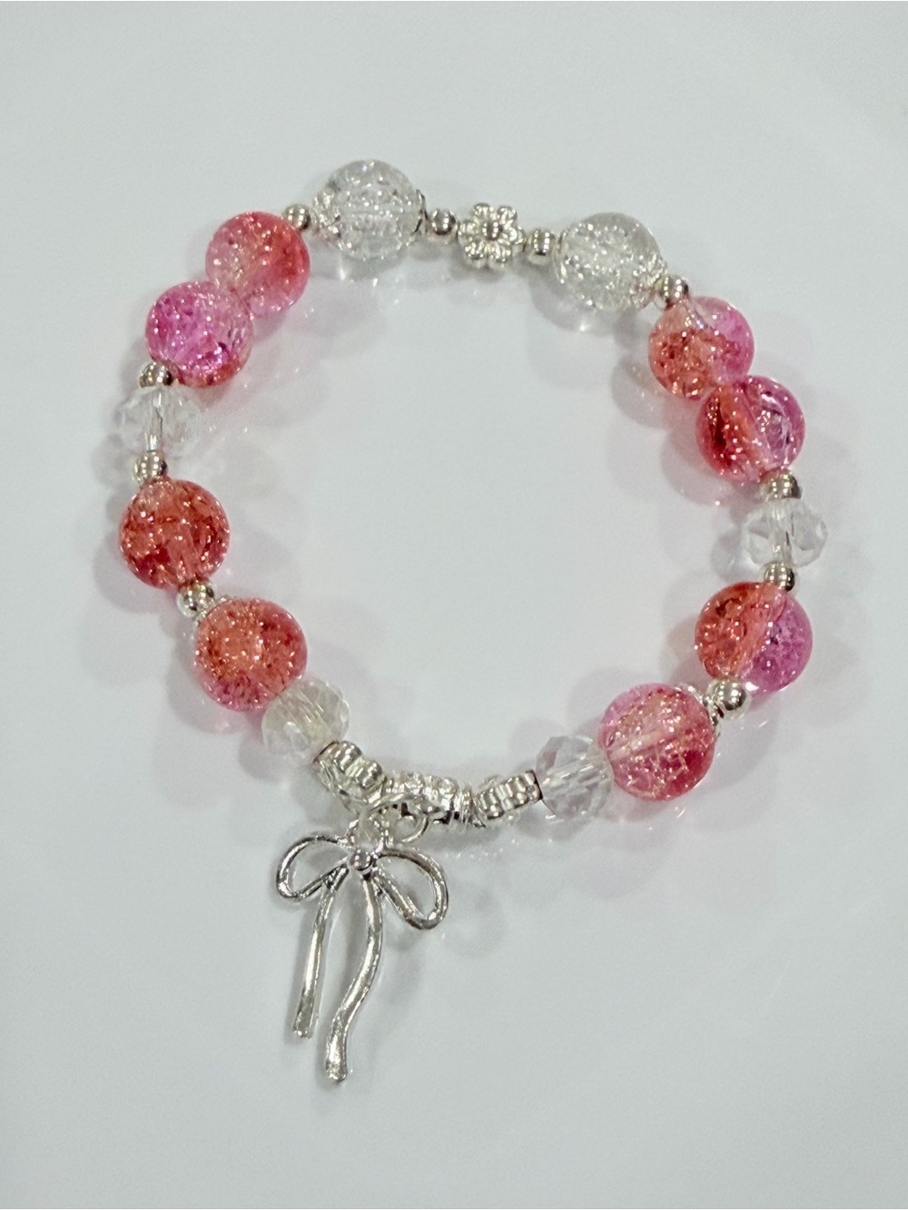 Pink & Coral Beaded Bow Charm Stretch Bracelet Coquette Girl Gift Jewelry